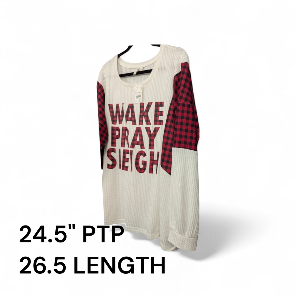 Cato • Christmas Top "Wake Pray Sleigh" Waffle Knit | Buffalo Plaid | 2X 18/20 - Picture 3 of 9